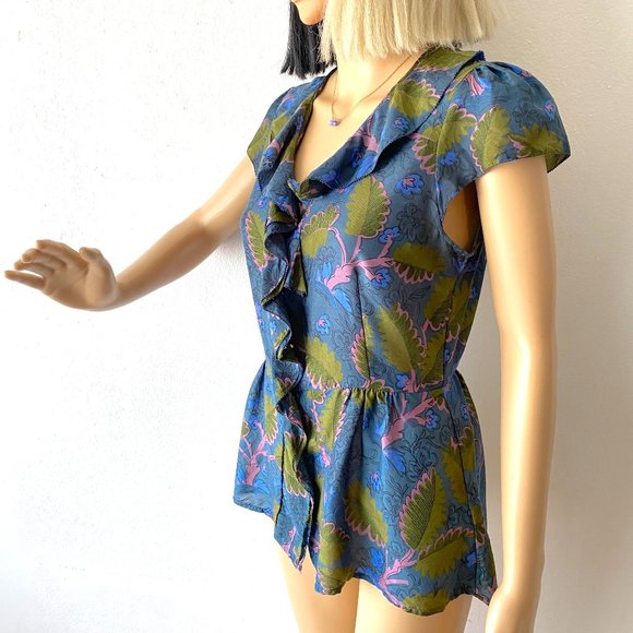 Floral Short Sleeve Summer Blouse | Ruffled Blouse | Frilly Top | ANTHROPOLOGIE - Picture 4 of 11